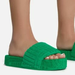 EGO Gotchu Flatform Slider Sandal In Green Terry Towel Fabric -EGO Sales Store gotchu 7597 copy