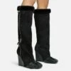 EGO Senna Faux Fur Buckle Detail Square Toe Wedge Heel Knee High Long Boot In Black Faux Suede 1 EGO Senna Faux Fur Buckle Detail Square Toe Wedge Heel Knee High Long Boot In Black Faux Suede -EGO Sales Store green mark under left toe 28 10 22 fw28163 sq
