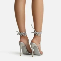 EGO Carmella Glitter Sole Diamante Detail Lace Up Heel In Silver Holographic Faux Leather -EGO Sales Store harmony 4226