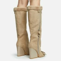 EGO Senna Faux Fur Buckle Detail Square Toe Wedge Heel Knee High Long Boot In Beige Faux Suede -EGO Sales Store hole by the side of left heel 28 10 22 fw28162 sq
