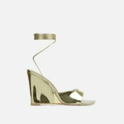 EGO Anthems Lace Up Square Peep Toe Wedge Heel In Gold Metallic Patent -EGO Sales Store lift toe put in shadow 06 10 22 fw15113 sq 1