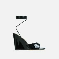 EGO Anthems Lace Up Square Peep Toe Wedge Heel In Black Patent -EGO Sales Store lift toe put in shadow 06 10 22 fw15113 sq 5