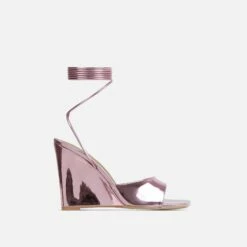 EGO Anthems Lace Up Square Peep Toe Wedge Heel In Pink Metallic Patent -EGO Sales Store lift toe put in shadow 06 10 22 fw15113 sq 7