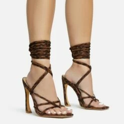 EGO Shanice Lace Up Strappy Square Toe Statement Thin Block Heel In Leopard Print Faux Suede