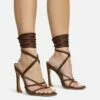 EGO Shanice Lace Up Strappy Square Toe Statement Thin Block Heel In Brown Faux Suede -EGO Sales Store make left foot more even 28 10 22 fw28265 sq