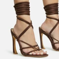 EGO Shanice Lace Up Strappy Square Toe Statement Thin Block Heel In Brown Faux Suede -EGO Sales Store make left foot more even 28 10 22 fw28267 sq
