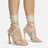 EGO Shanice Lace Up Strappy Square Toe Statement Thin Block Heel In Nude Faux Suede -EGO Sales Store make left foot more even 28 10 22 fw28276 sq