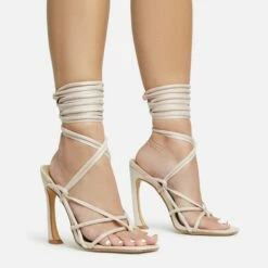 EGO Shanice Lace Up Strappy Square Toe Statement Thin Block Heel In Nude Faux Suede