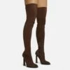 EGO Mamba Round Block Heel Over The Knee Thigh High Long Boot In Brown Faux Suede
