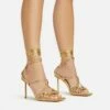EGO Tour Lace Up Knotted Strap Cage Detail Square Toe Thin Stiletto Heel In Gold Metallic Faux Leather -EGO Sales Store mark on heel amended06 01 23 fw46083 p 2