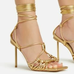 EGO Tour Lace Up Knotted Strap Cage Detail Square Toe Thin Stiletto Heel In Gold Metallic Faux Leather -EGO Sales Store mark on heel amended 06 01 23 fw46083 p 3