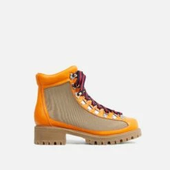 Front Page 42 EGO Mountain Lace Up Chunky Sole Ankle Biker Boot In Orange Faux Leather