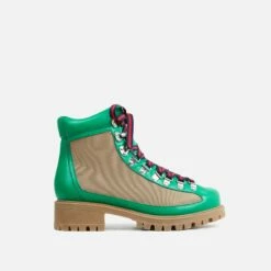 EGO Mountain Lace Up Chunky Sole Ankle Biker Boot In Green Faux Leather