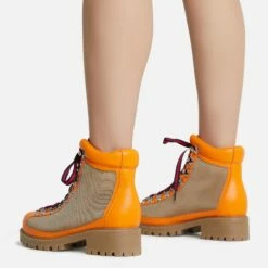 EGO Mountain Lace Up Chunky Sole Ankle Biker Boot In Orange Faux Leather -EGO Sales Store mountain 8138