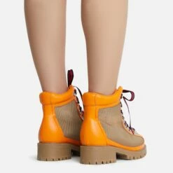 EGO Mountain Lace Up Chunky Sole Ankle Biker Boot In Orange Faux Leather -EGO Sales Store mountain 8139