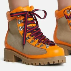 EGO Mountain Lace Up Chunky Sole Ankle Biker Boot In Orange Faux Leather -EGO Sales Store mountain 8141