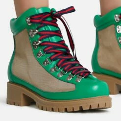 EGO Mountain Lace Up Chunky Sole Ankle Biker Boot In Green Faux Leather -EGO Sales Store mountain 8143