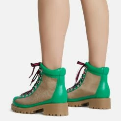EGO Mountain Lace Up Chunky Sole Ankle Biker Boot In Green Faux Leather -EGO Sales Store mountain 8144