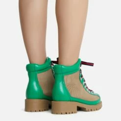 EGO Mountain Lace Up Chunky Sole Ankle Biker Boot In Green Faux Leather -EGO Sales Store mountain 8145