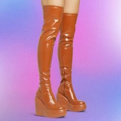 EGO New-Utopia Platform Wedge Over The Knee Thigh High Long Boot In Tan Brown Patent