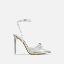 EGO Pearlle Diamante Bow Detail Clear Perspex Pointed Toe Stiletto Heel In White Faux Leather -EGO Sales Store pearl 0470