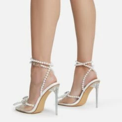 EGO Pearlle Diamante Bow Detail Clear Perspex Pointed Toe Stiletto Heel In White Faux Leather -EGO Sales Store pearll 1461 copy