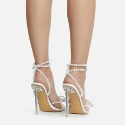 EGO Pearlle Diamante Bow Detail Clear Perspex Pointed Toe Stiletto Heel In White Faux Leather -EGO Sales Store pearll 1462 copy