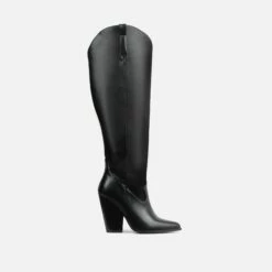 EGO Pony-Club Pointed Toe Low Block Heel Knee High Long Western Cowboy Boot In Black Faux Leather -EGO Sales Store pony black