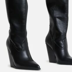 EGO Pony-Club Pointed Toe Low Block Heel Knee High Long Western Cowboy Boot In Black Faux Leather -EGO Sales Store ponyclub 8017