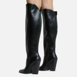 EGO Pony-Club Pointed Toe Low Block Heel Knee High Long Western Cowboy Boot In Black Faux Leather -EGO Sales Store ponyclub 8019