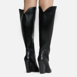 EGO Pony-Club Pointed Toe Low Block Heel Knee High Long Western Cowboy Boot In Black Faux Leather -EGO Sales Store ponyclub 8020