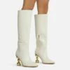 EGO Highland Square Toe Statement Metallic Heel Knee High Long Boot In Cream Croc Print Faux Leather -EGO Sales Store reflection in heel 28 10 22 fw20543 sq 1 v