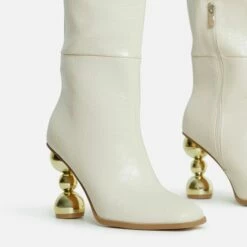 EGO Highland Square Toe Statement Metallic Heel Knee High Long Boot In Cream Croc Print Faux Leather -EGO Sales Store reflection in heel 28 10 22 fw20543 sq 3 v