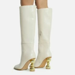 EGO Highland Square Toe Statement Metallic Heel Knee High Long Boot In Cream Croc Print Faux Leather -EGO Sales Store reflection in heel 28 10 22 fw20543 sq 4 v