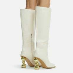 EGO Highland Square Toe Statement Metallic Heel Knee High Long Boot In Cream Croc Print Faux Leather -EGO Sales Store reflection in heel 28 10 22 fw20543 sq 5 v