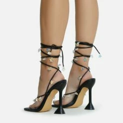 EGO Isla Lace Up Iridescent Star Detail Square Toe Statement Heel In Black Faux Leather -EGO Sales Store remove paint 28 10 22 fw23759 sq