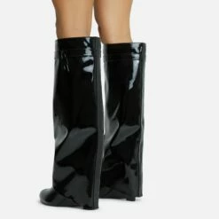 EGO I-Am-The-One Padlock Detail Wedge Heel Knee High Long Boot In Black Patent -EGO Sales Store remove some creases if poss 06 10 22 fw5456 sq