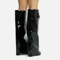 EGO I-Am-The-One Padlock Detail Wedge Heel Knee High Long Boot In Black Patent -EGO Sales Store remove some creases if poss 06 10 22 fw5457 sq
