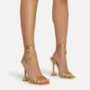 EGO Ring-Top Strappy Lace Up Square Toe Sculptured Heel In Gold Faux Leather
