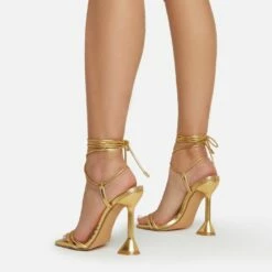 EGO Ring-Top Strappy Lace Up Square Toe Sculptured Heel In Gold Faux Leather -EGO Sales Store ring top 0205 copy