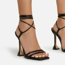 EGO Ring-Top Strappy Lace Up Square Toe Sculptured Heel In Black Faux Leather -EGO Sales Store ring top 0208 copy