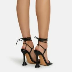 EGO Ring-Top Strappy Lace Up Square Toe Sculptured Heel In Black Faux Leather -EGO Sales Store ring top 0210 copy