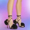 EGO Rosalia Lace Up Knotted Strap 3D Rose Detail Square Toe Stiletto Heel In Black Faux Leather -EGO Sales Store rosalia black1 s