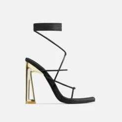 EGO Roseville Lace Up Quilted Insole Square Toe Cut Out Flared Heel In Black Faux Leather -EGO Sales Store roseville 15269 1