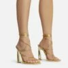 EGO Roseville Lace Up Quilted Insole Square Toe Cut Out Flared Heel In Gold Metallic Faux Leather -EGO Sales Store roseville 15597