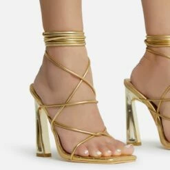 EGO Roseville Lace Up Quilted Insole Square Toe Cut Out Flared Heel In Gold Metallic Faux Leather -EGO Sales Store roseville 15598