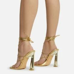 EGO Roseville Lace Up Quilted Insole Square Toe Cut Out Flared Heel In Gold Metallic Faux Leather -EGO Sales Store roseville 15599