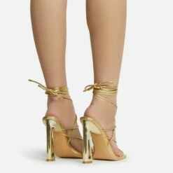 EGO Roseville Lace Up Quilted Insole Square Toe Cut Out Flared Heel In Gold Metallic Faux Leather -EGO Sales Store roseville 15600