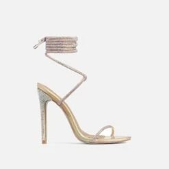 EGO Carmella Glitter Sole Diamante Detail Lace Up Heel In Gold Faux Leather -EGO Sales Store sample 2266