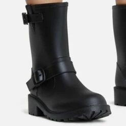 EGO Senorita Buckle Detail Chunky Sole Ankle Wellington Biker Boot In Black Rubber -EGO Sales Store sendrita 8054